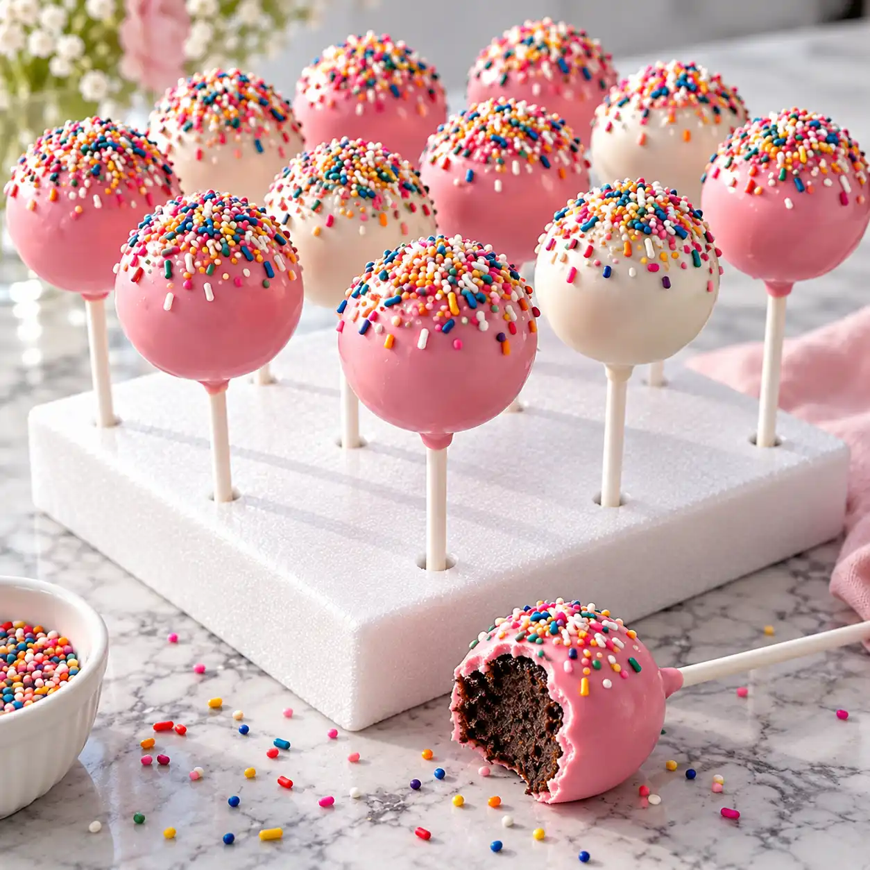 Chocolate cake pops with pink candy coating and sprinkles on a cake pop stand