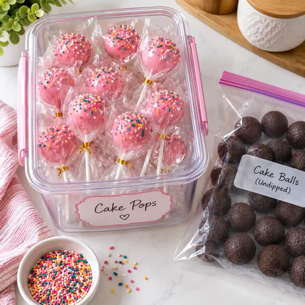 Cake pops wrapped individually and stored in a labeled container for freezing